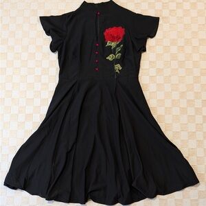 Unique Vintage Black Dress with Red Rose Detail